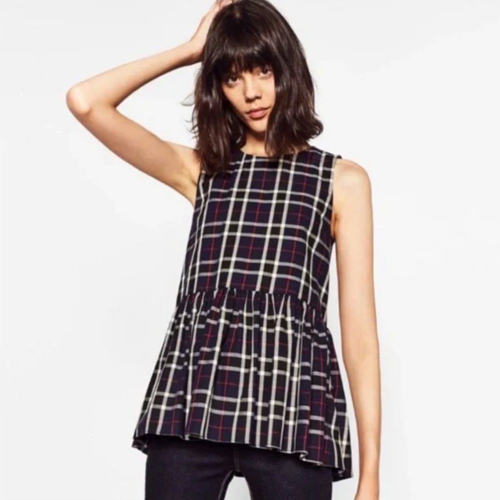 ZARA Trafaluc Collection sleeveless plaid top with peplum detail size XS